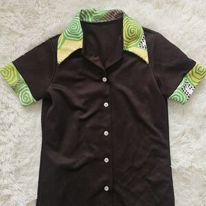 Vintsge 1970s Brown Button Down Tunic Top Womens Size Small
